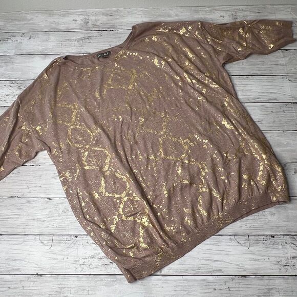 Roz & Ali round neck top 3/4 sleeves beige and gold 1X - Picture 2 of 7
